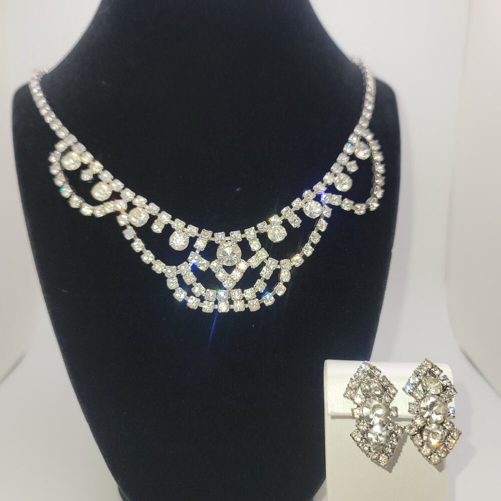 Vintage Silver-tone Clear Rhinestone Tiered Swag Necklace & Clip-on Earrings
